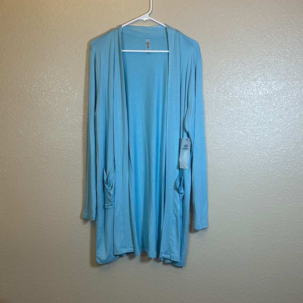Mono B Women's Blue Long Sleeve Tunic Top Open Style Cardigan KJ11913 Size L NWT